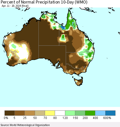 Australia Percent of Normal Precipitation 10-Day (WMO) Thematic Map For 4/11/2024 - 4/20/2024