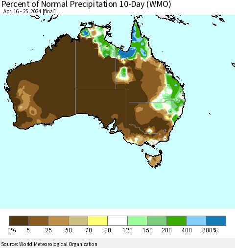 Australia Percent of Normal Precipitation 10-Day (WMO) Thematic Map For 4/16/2024 - 4/25/2024