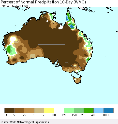 Australia Percent of Normal Precipitation 10-Day (WMO) Thematic Map For 4/21/2024 - 4/30/2024