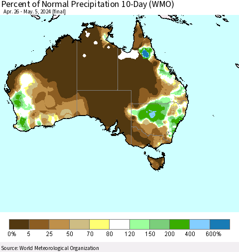 Australia Percent of Normal Precipitation 10-Day (WMO) Thematic Map For 4/26/2024 - 5/5/2024