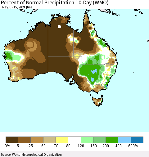 Australia Percent of Normal Precipitation 10-Day (WMO) Thematic Map For 5/6/2024 - 5/15/2024