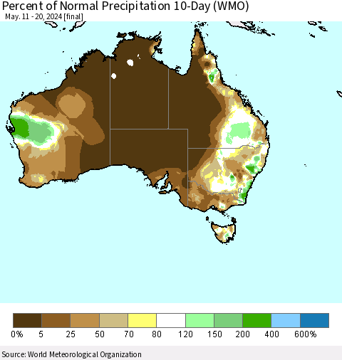 Australia Percent of Normal Precipitation 10-Day (WMO) Thematic Map For 5/11/2024 - 5/20/2024