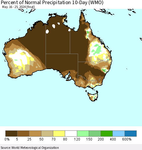 Australia Percent of Normal Precipitation 10-Day (WMO) Thematic Map For 5/16/2024 - 5/25/2024