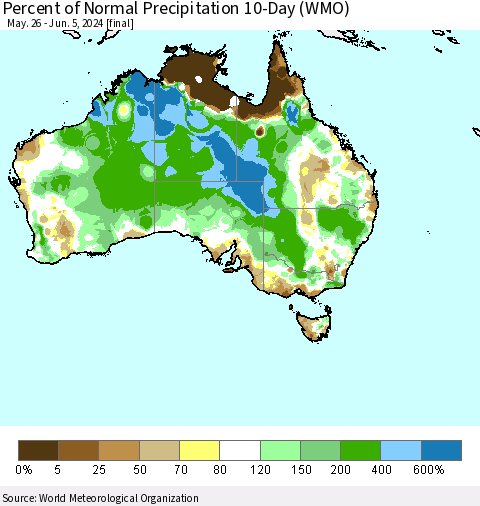 Australia Percent of Normal Precipitation 10-Day (WMO) Thematic Map For 5/26/2024 - 6/5/2024
