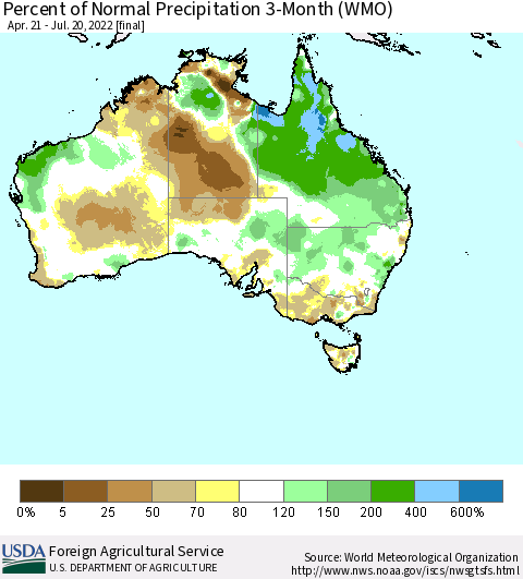 Australia Percent of Normal Precipitation 3-Month (WMO) Thematic Map For 4/21/2022 - 7/20/2022
