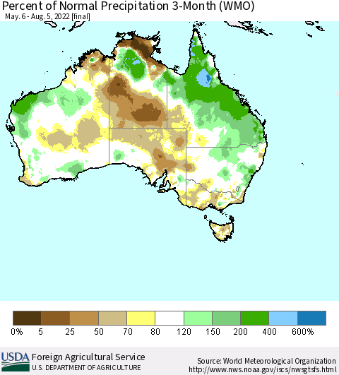 Australia Percent of Normal Precipitation 3-Month (WMO) Thematic Map For 5/6/2022 - 8/5/2022