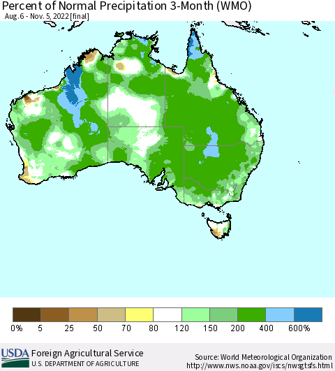 Australia Percent of Normal Precipitation 3-Month (WMO) Thematic Map For 8/6/2022 - 11/5/2022
