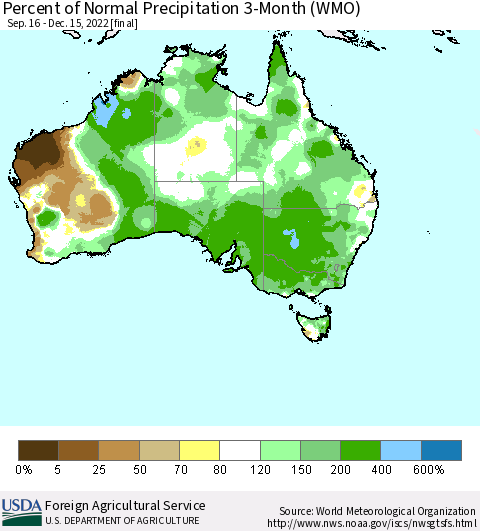 Australia Percent of Normal Precipitation 3-Month (WMO) Thematic Map For 9/16/2022 - 12/15/2022