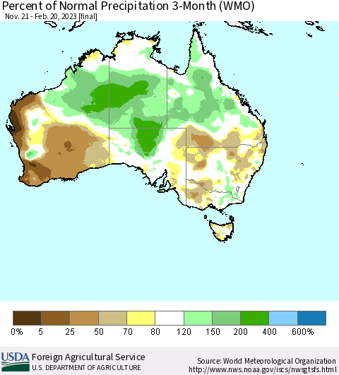 Australia Percent of Normal Precipitation 3-Month (WMO) Thematic Map For 11/21/2022 - 2/20/2023