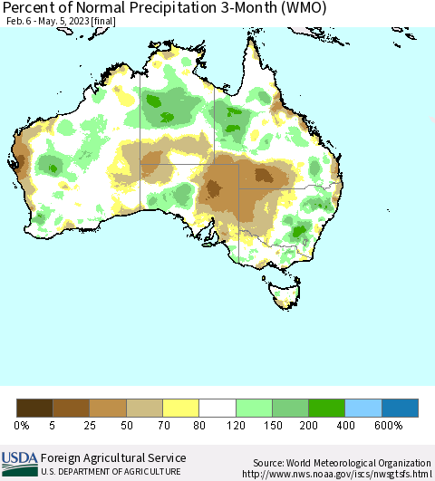 Australia Percent of Normal Precipitation 3-Month (WMO) Thematic Map For 2/6/2023 - 5/5/2023