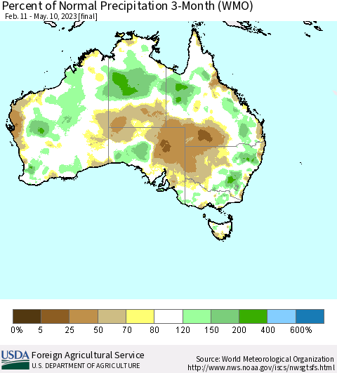 Australia Percent of Normal Precipitation 3-Month (WMO) Thematic Map For 2/11/2023 - 5/10/2023