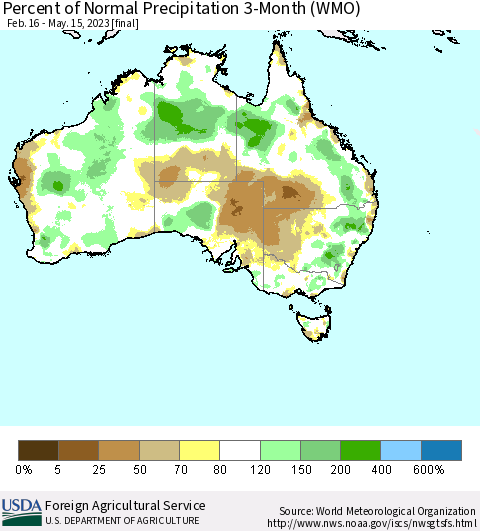 Australia Percent of Normal Precipitation 3-Month (WMO) Thematic Map For 2/16/2023 - 5/15/2023