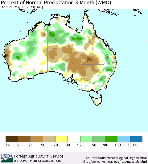 Australia Percent of Normal Precipitation 3-Month (WMO) Thematic Map For 2/21/2023 - 5/20/2023