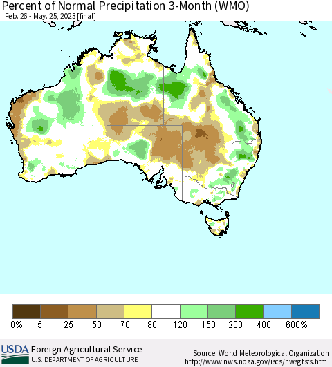 Australia Percent of Normal Precipitation 3-Month (WMO) Thematic Map For 2/26/2023 - 5/25/2023