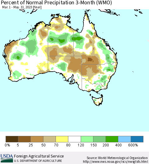 Australia Percent of Normal Precipitation 3-Month (WMO) Thematic Map For 3/1/2023 - 5/31/2023