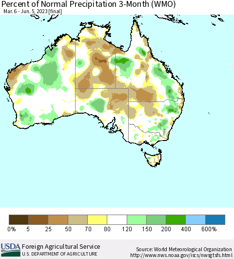 Australia Percent of Normal Precipitation 3-Month (WMO) Thematic Map For 3/6/2023 - 6/5/2023