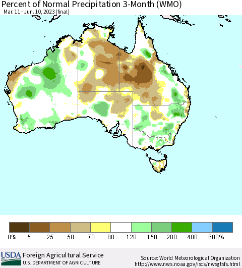Australia Percent of Normal Precipitation 3-Month (WMO) Thematic Map For 3/11/2023 - 6/10/2023
