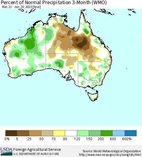 Australia Percent of Normal Precipitation 3-Month (WMO) Thematic Map For 3/21/2023 - 6/20/2023