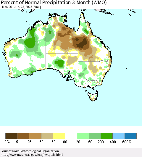 Australia Percent of Normal Precipitation 3-Month (WMO) Thematic Map For 3/26/2023 - 6/25/2023