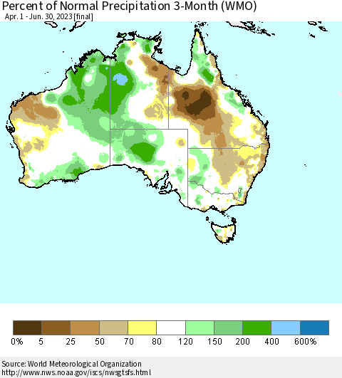 Australia Percent of Normal Precipitation 3-Month (WMO) Thematic Map For 4/1/2023 - 6/30/2023