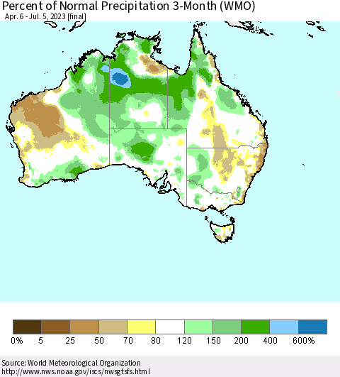 Australia Percent of Normal Precipitation 3-Month (WMO) Thematic Map For 4/6/2023 - 7/5/2023
