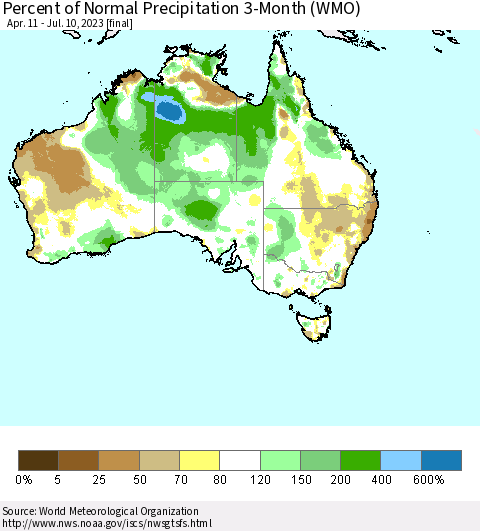 Australia Percent of Normal Precipitation 3-Month (WMO) Thematic Map For 4/11/2023 - 7/10/2023