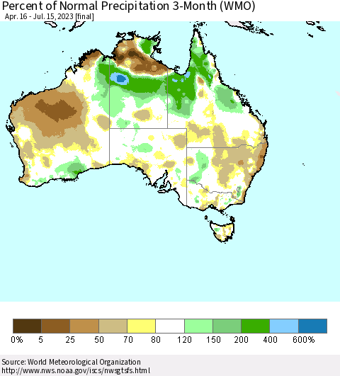Australia Percent of Normal Precipitation 3-Month (WMO) Thematic Map For 4/16/2023 - 7/15/2023