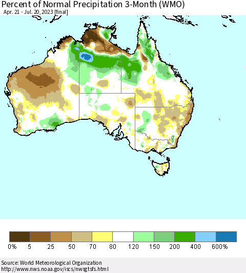 Australia Percent of Normal Precipitation 3-Month (WMO) Thematic Map For 4/21/2023 - 7/20/2023