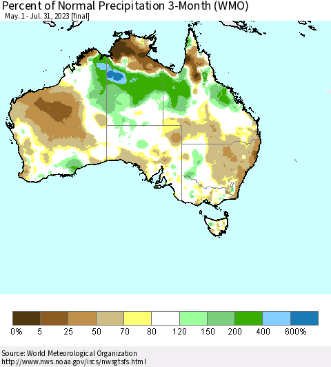 Australia Percent of Normal Precipitation 3-Month (WMO) Thematic Map For 5/1/2023 - 7/31/2023