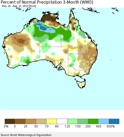 Australia Percent of Normal Precipitation 3-Month (WMO) Thematic Map For 5/16/2023 - 8/15/2023