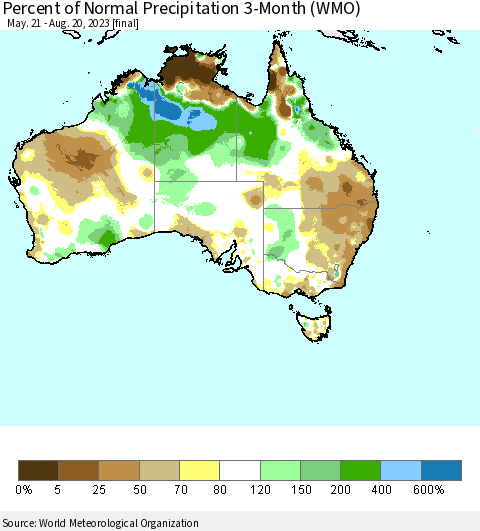 Australia Percent of Normal Precipitation 3-Month (WMO) Thematic Map For 5/21/2023 - 8/20/2023