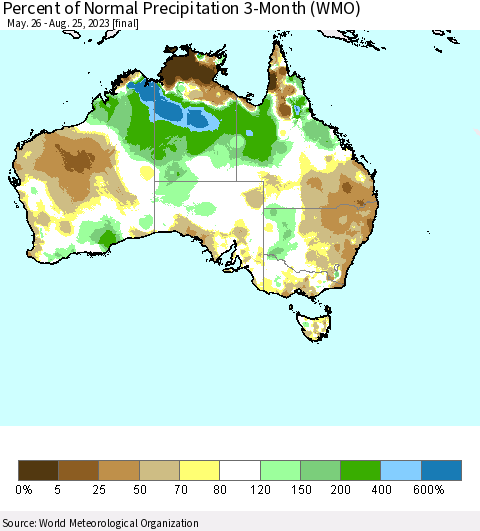 Australia Percent of Normal Precipitation 3-Month (WMO) Thematic Map For 5/26/2023 - 8/25/2023
