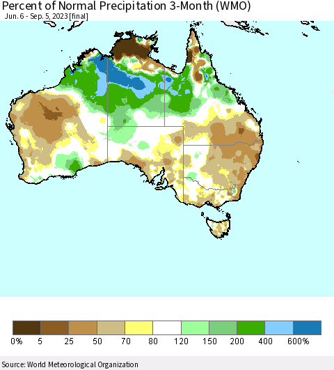Australia Percent of Normal Precipitation 3-Month (WMO) Thematic Map For 6/6/2023 - 9/5/2023