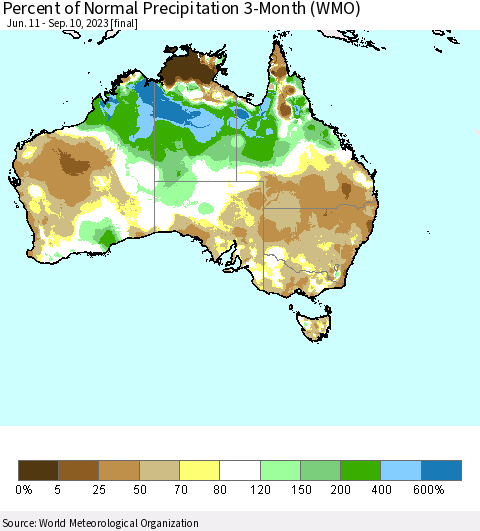 Australia Percent of Normal Precipitation 3-Month (WMO) Thematic Map For 6/11/2023 - 9/10/2023