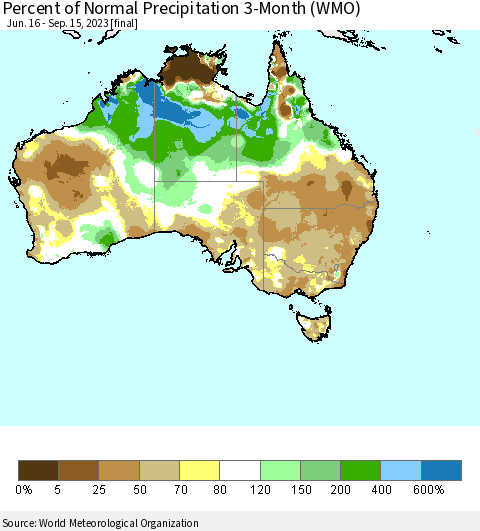 Australia Percent of Normal Precipitation 3-Month (WMO) Thematic Map For 6/16/2023 - 9/15/2023