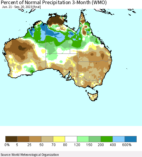 Australia Percent of Normal Precipitation 3-Month (WMO) Thematic Map For 6/21/2023 - 9/20/2023