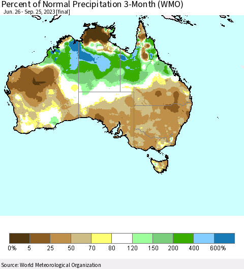 Australia Percent of Normal Precipitation 3-Month (WMO) Thematic Map For 6/26/2023 - 9/25/2023