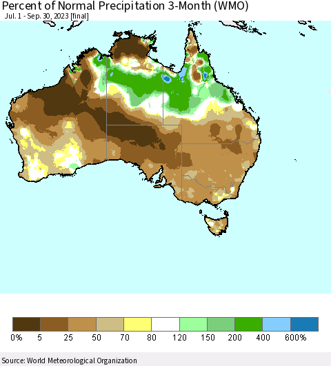 Australia Percent of Normal Precipitation 3-Month (WMO) Thematic Map For 7/1/2023 - 9/30/2023