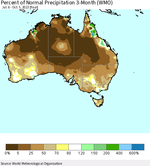 Australia Percent of Normal Precipitation 3-Month (WMO) Thematic Map For 7/6/2023 - 10/5/2023