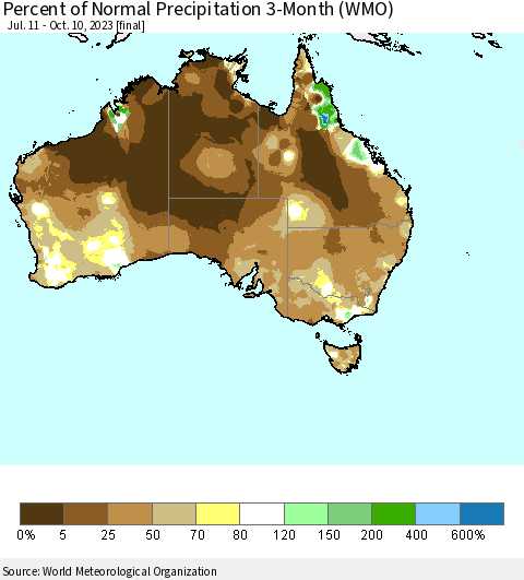 Australia Percent of Normal Precipitation 3-Month (WMO) Thematic Map For 7/11/2023 - 10/10/2023
