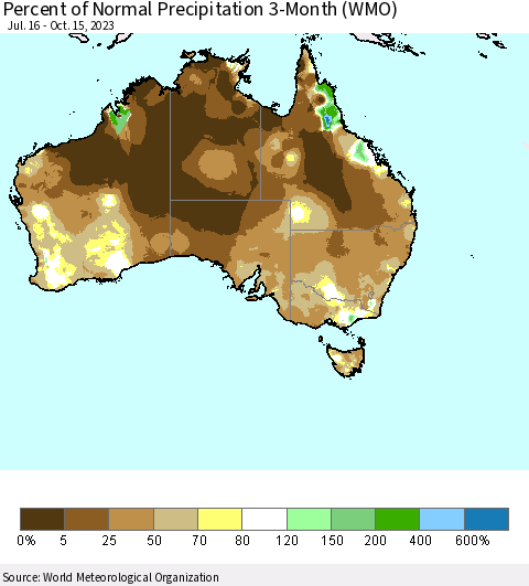Australia Percent of Normal Precipitation 3-Month (WMO) Thematic Map For 7/16/2023 - 10/15/2023