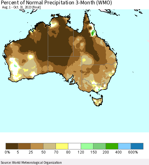 Australia Percent of Normal Precipitation 3-Month (WMO) Thematic Map For 8/1/2023 - 10/31/2023