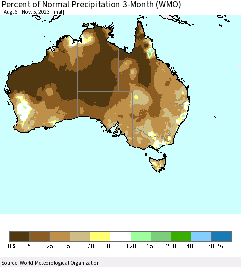 Australia Percent of Normal Precipitation 3-Month (WMO) Thematic Map For 8/6/2023 - 11/5/2023
