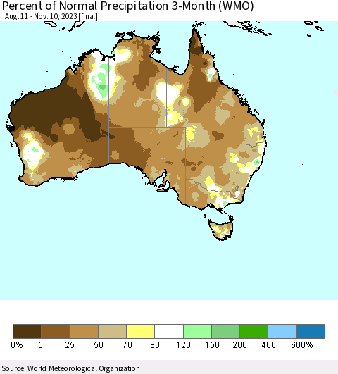 Australia Percent of Normal Precipitation 3-Month (WMO) Thematic Map For 8/11/2023 - 11/10/2023