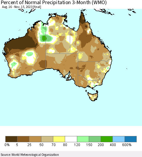 Australia Percent of Normal Precipitation 3-Month (WMO) Thematic Map For 8/16/2023 - 11/15/2023