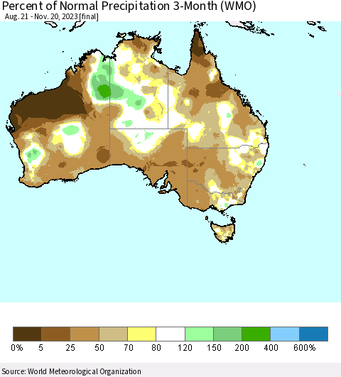 Australia Percent of Normal Precipitation 3-Month (WMO) Thematic Map For 8/21/2023 - 11/20/2023