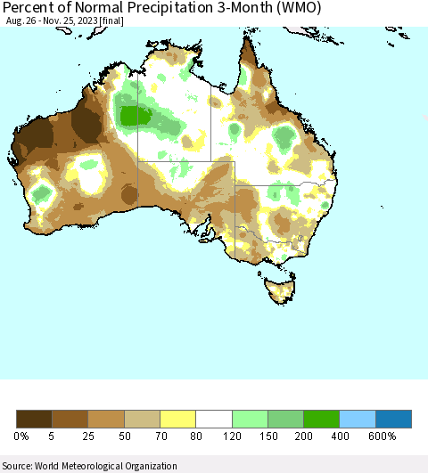 Australia Percent of Normal Precipitation 3-Month (WMO) Thematic Map For 8/26/2023 - 11/25/2023
