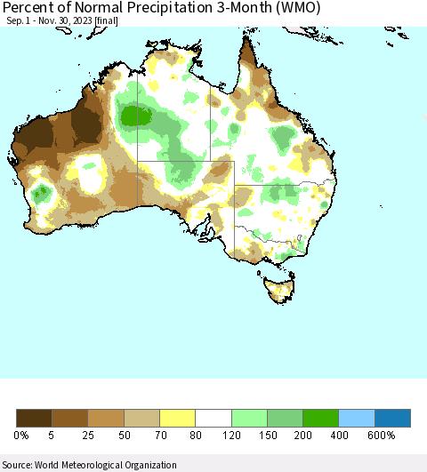 Australia Percent of Normal Precipitation 3-Month (WMO) Thematic Map For 9/1/2023 - 11/30/2023