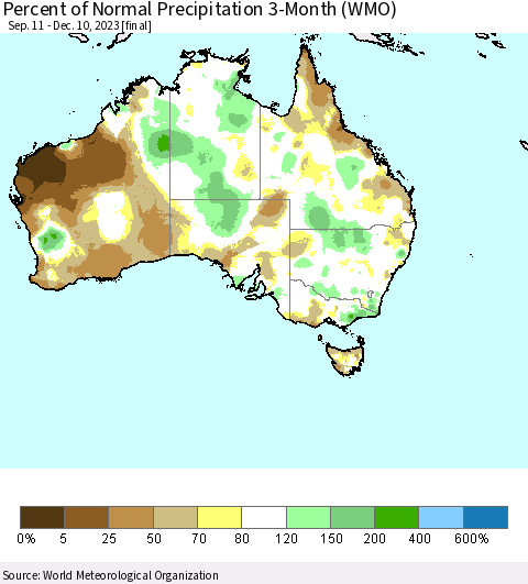 Australia Percent of Normal Precipitation 3-Month (WMO) Thematic Map For 9/11/2023 - 12/10/2023