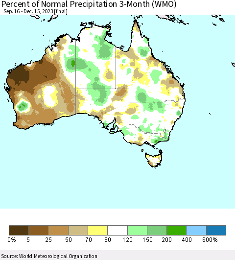 Australia Percent of Normal Precipitation 3-Month (WMO) Thematic Map For 9/16/2023 - 12/15/2023